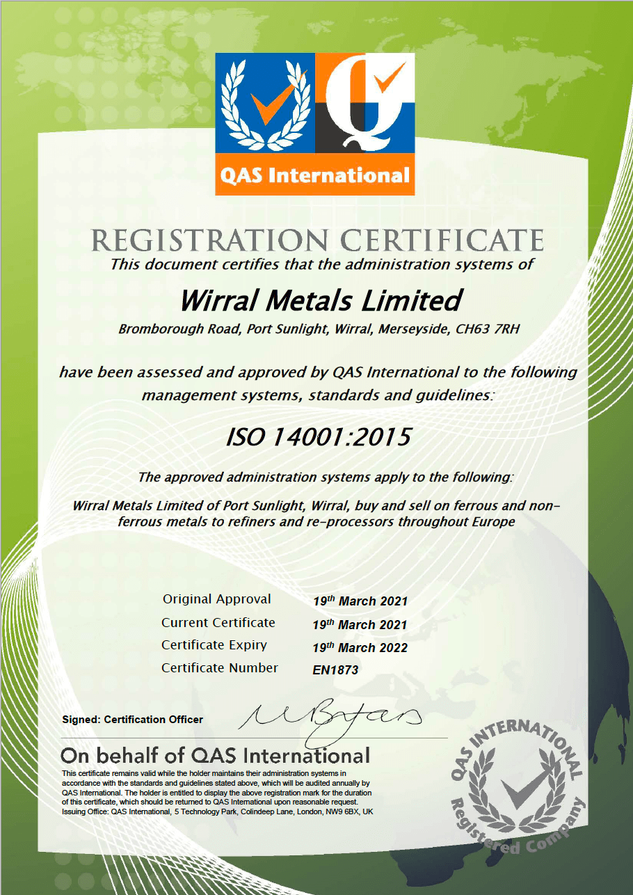 Wirral Metals Limited ISO 14001 2022 Port Sunlight certificate